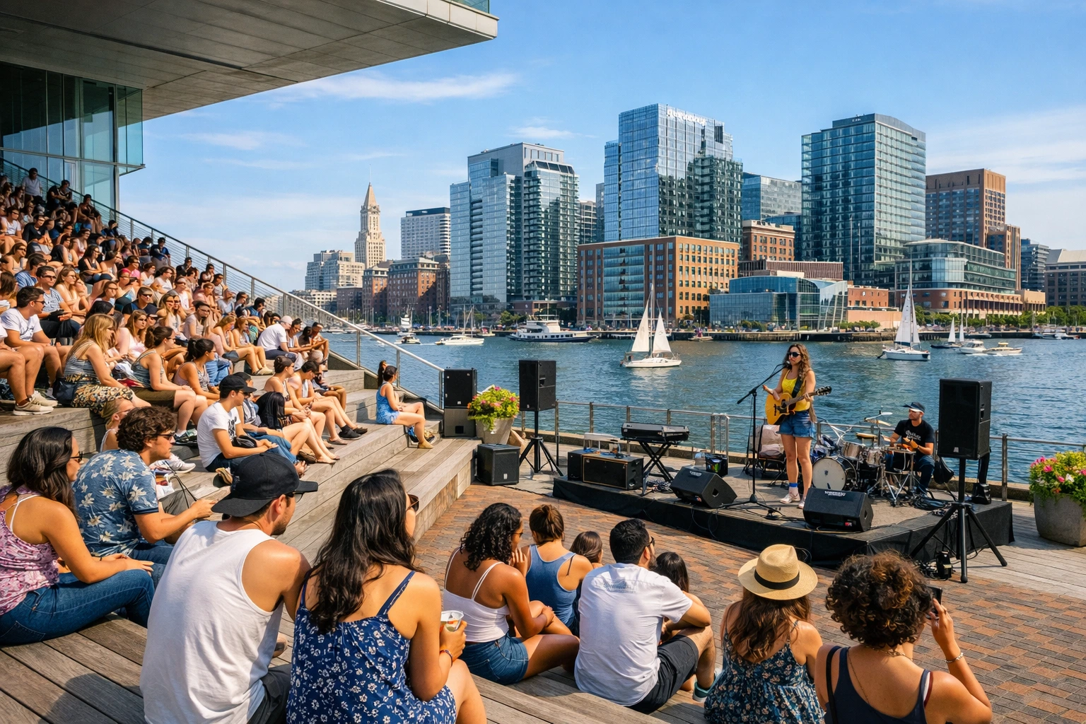 Audience gathered on the ICA Seaport steps for a Harborwalk Sounds performance overlooking the water.