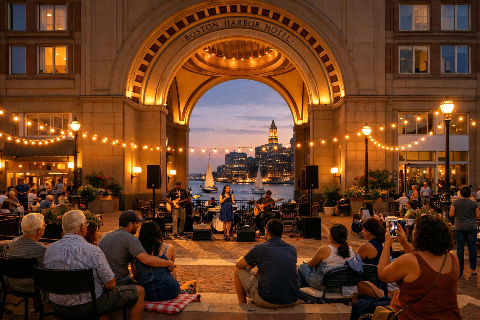 Live music setup at Rowes Wharf with the harbor and sailboats behind the stage.