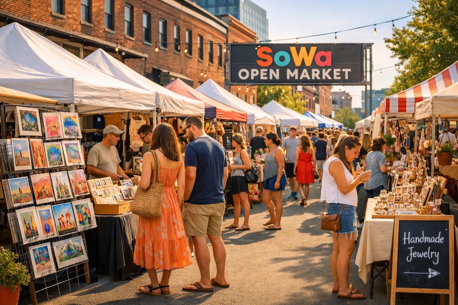 Visitors browsing local vendors at a summer market in Boston’s South End.