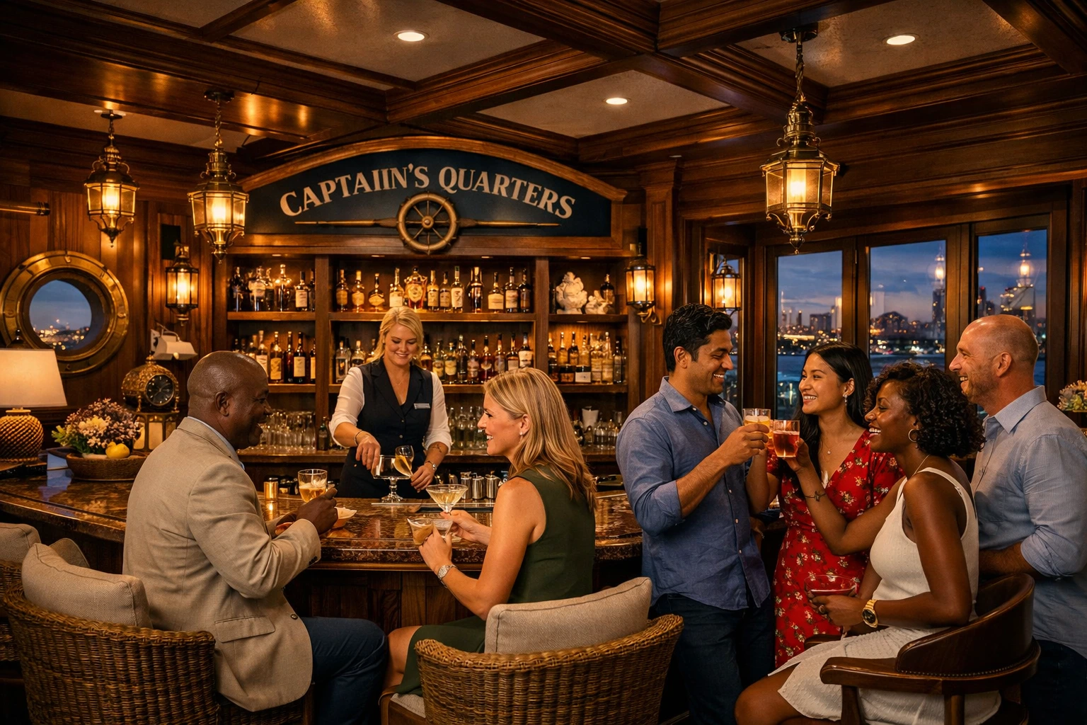 The Nautilus Pier 4 Captain’s Quarters with warm lighting, private bar, and a stylish early‑evening crowd.