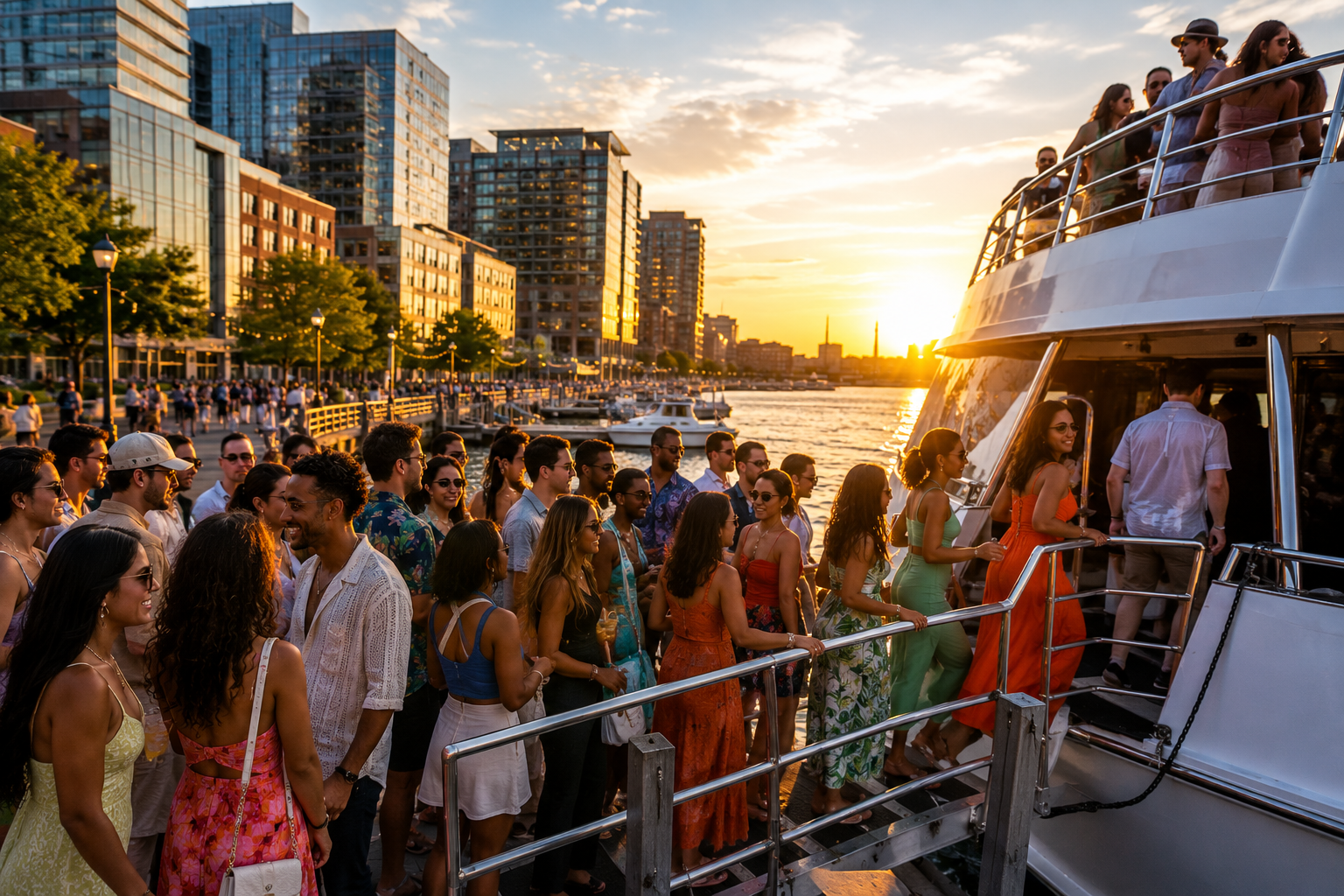 DJ performing on the top deck of a Boston Harbor party cruise with dancers and skyline views.