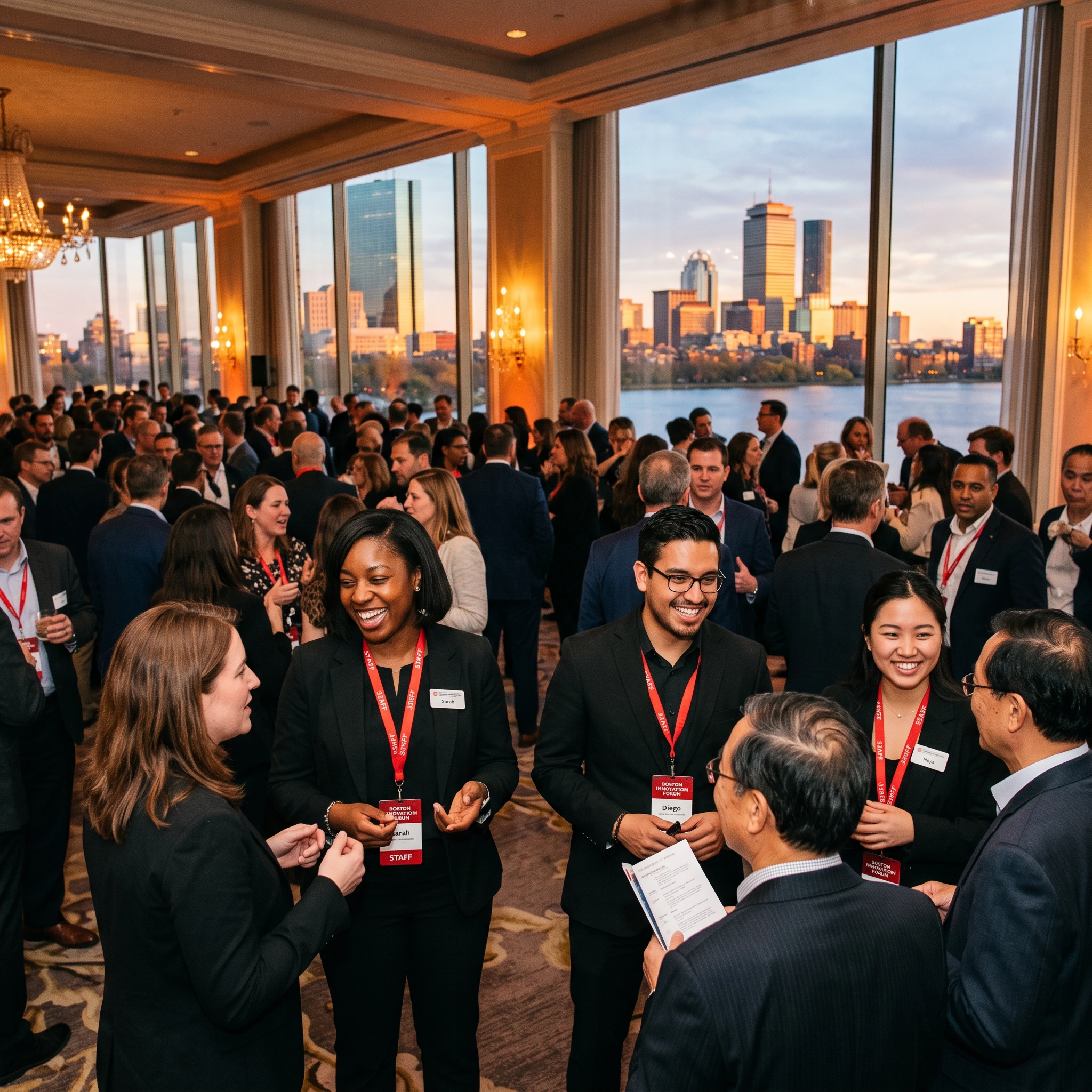 Smiling, professional Boston Event Guide staffing team welcoming guests at a lively event venue