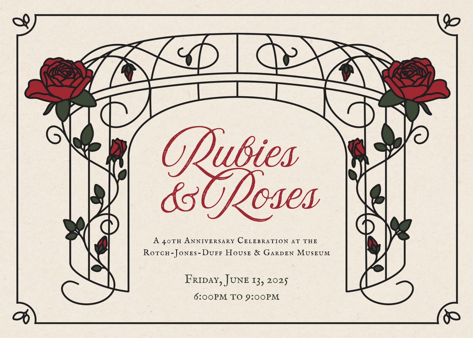 A black, drawn gazebo is covered in vines and roses. In the center, the words 