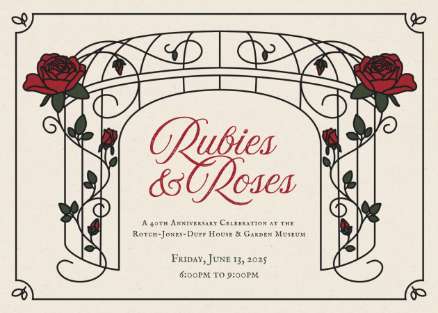 A black, drawn gazebo is covered in vines and roses. In the center, the words 